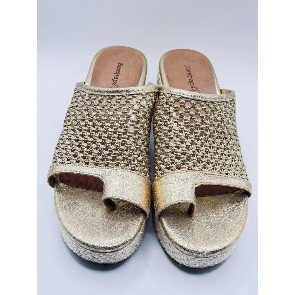 Baretraps Womens Size 7 Gold Metallic Platform Sandals Woven Boho 3” Heel
